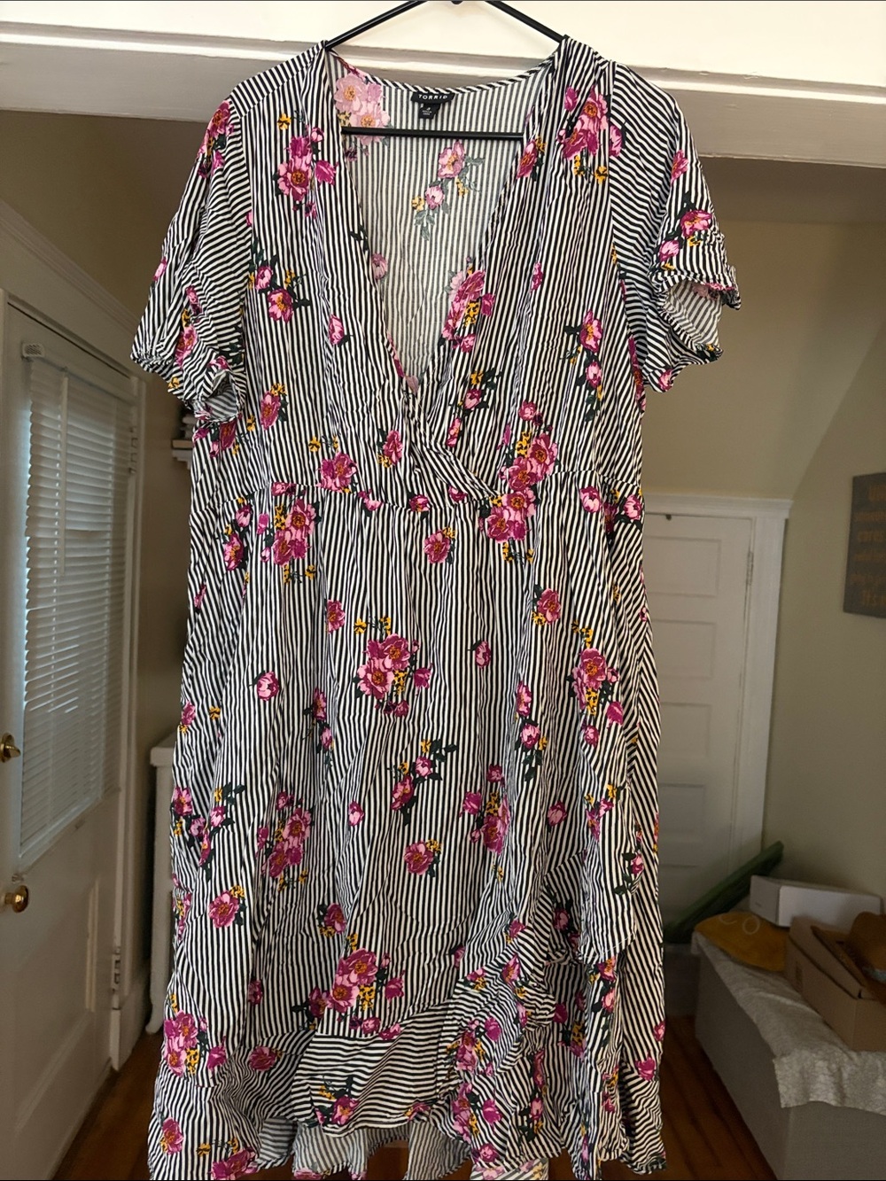 Torrid Floral Stripe Wrap V-Neck Dress - Black & White with Pink Floral